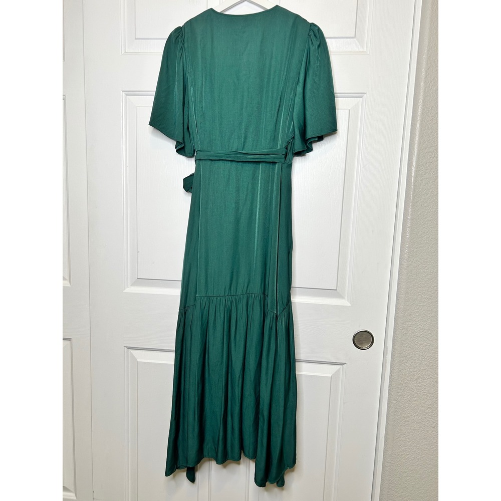 In Loom Wrap Dress Medium Green Ruffle Flutter High Low - Picture 3 of 6